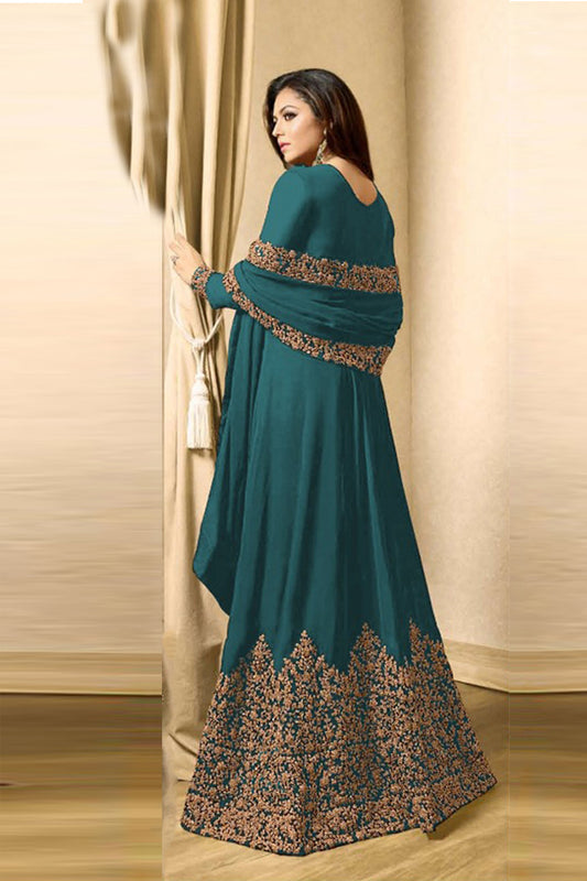 Drashti Dhami Faux Georgette Anarkali Suit In Cyan Colour