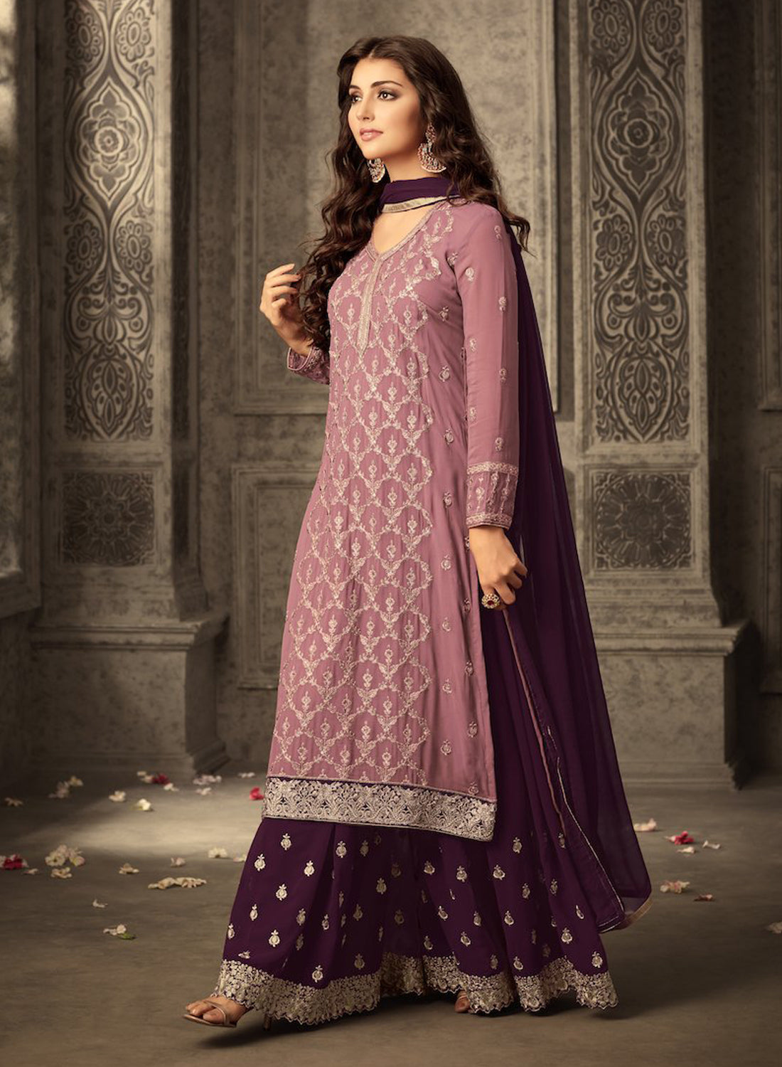 Pink&Purpleheavy Georgette Embroidery Work With Designer Sharara Suit