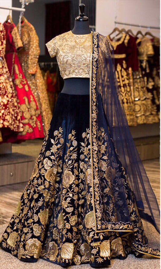 Designer Bollywood Style NAVY BLUE Velvet Embroidery Work Semi-Stitched Lehenga Choli