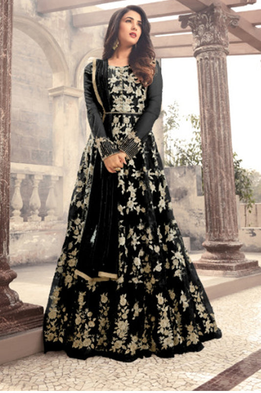 Sonal  Chauhan Designer Black Color Long  Gown With Fancy Work