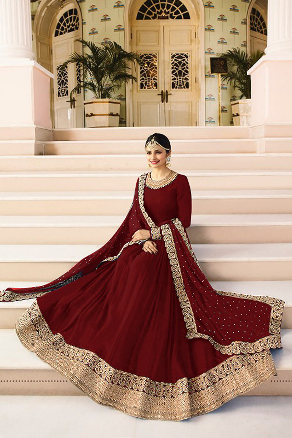 Vinay Faux Georgette Red Color Stone Work Anarkali Suit