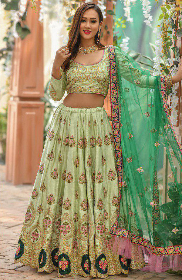 Adda Silk Heavy Bridal Lehenga In Olive Green