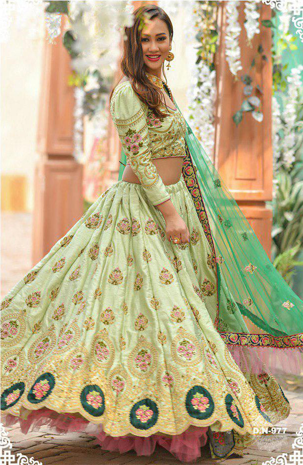 Adda Silk Heavy Bridal Lehenga In Olive Green