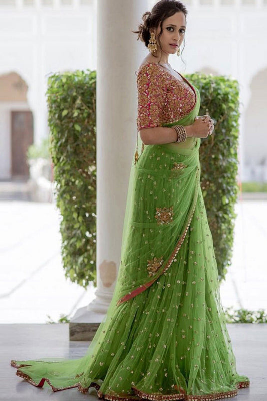 Designer Green Color Georgette Embroidery Work Saree