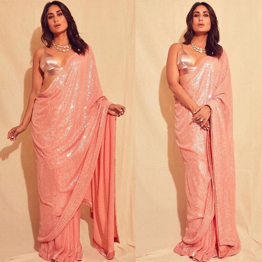 Kareena Kapoor Peach Color Georgette With Sequence Work Amazing Bollywood Saree