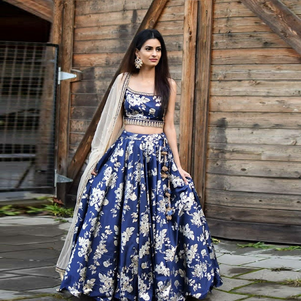 Party Wear Blue Color Taffeta Silk Lehenga