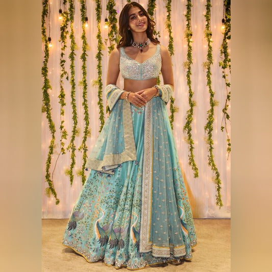 Firozi Satin Banglory Embroidery  Lehenga Choli