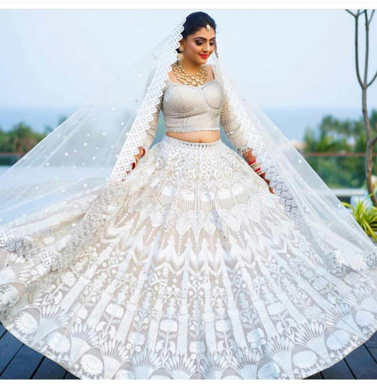 Delightful White Color Georgette Embroidery Wedding Lehenga Choli