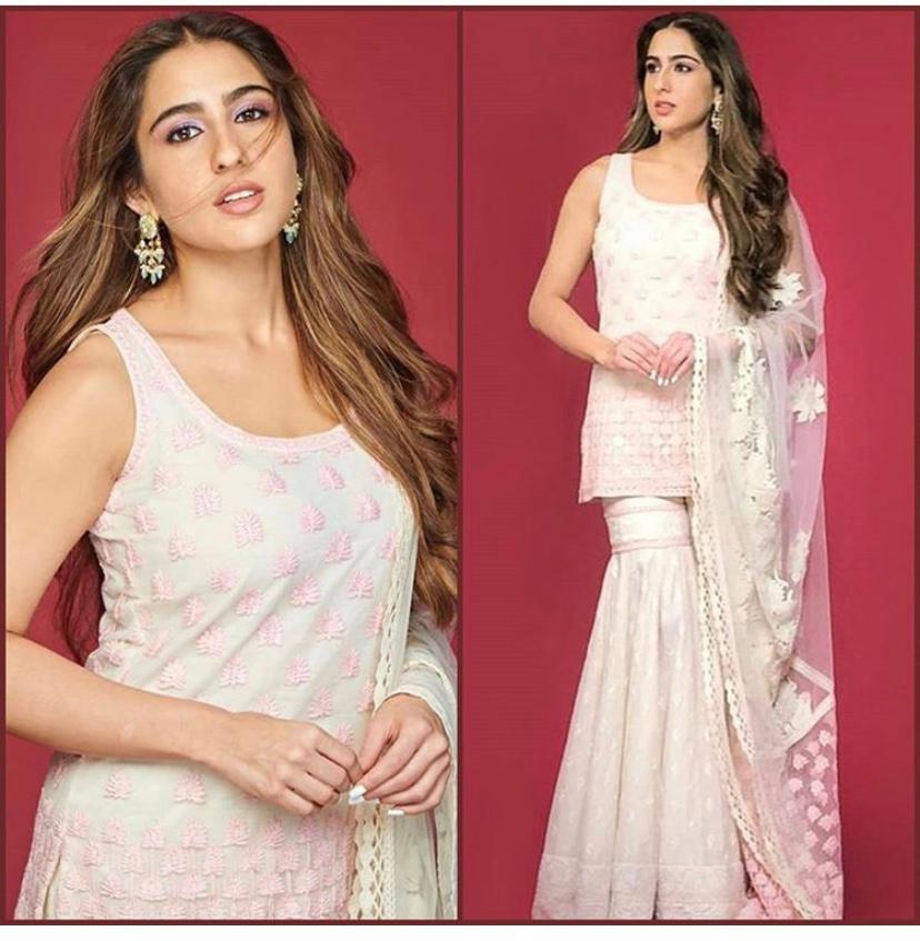 Bollywood Actress Sara Ali Khan White Color Embroidery Top With Plazzo