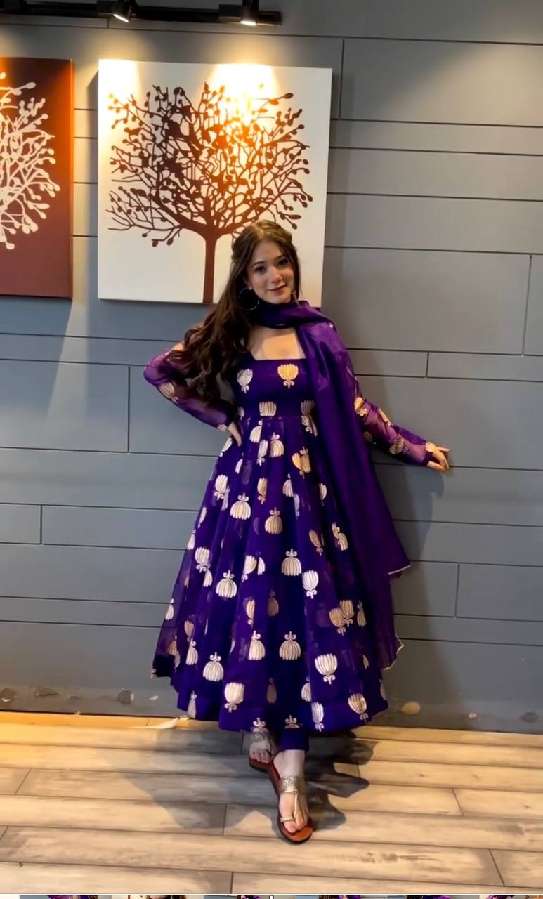 Purple Embroidery Work Anarkali Gwon