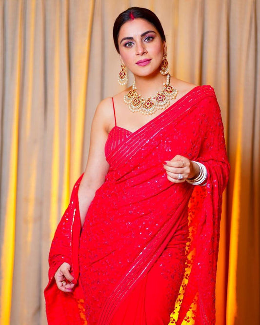 Faux Georgette Red Sequence Saree