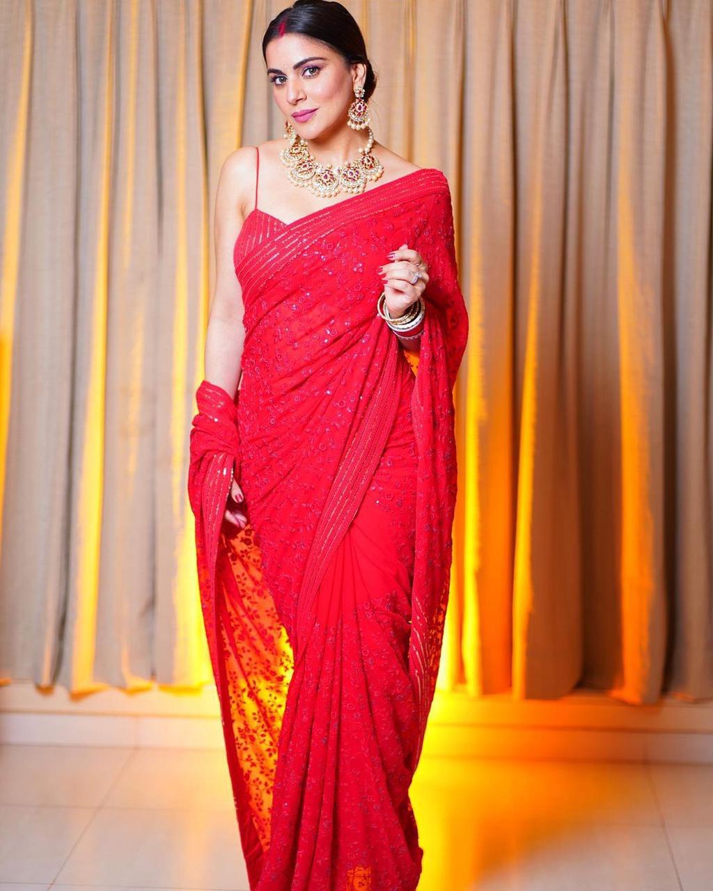 Faux Georgette Red Sequence Saree