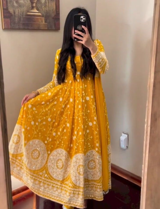 Faux Georgette Yellow Color Gown