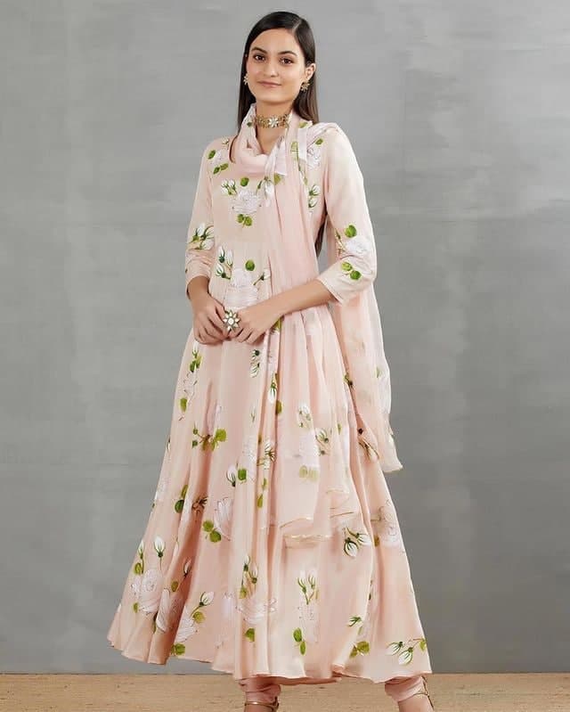 Cream chinon silk digital printed gown