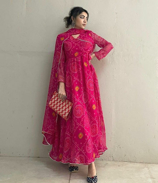 Pink Bandhani Printed Anarkali Style Georgette Gown