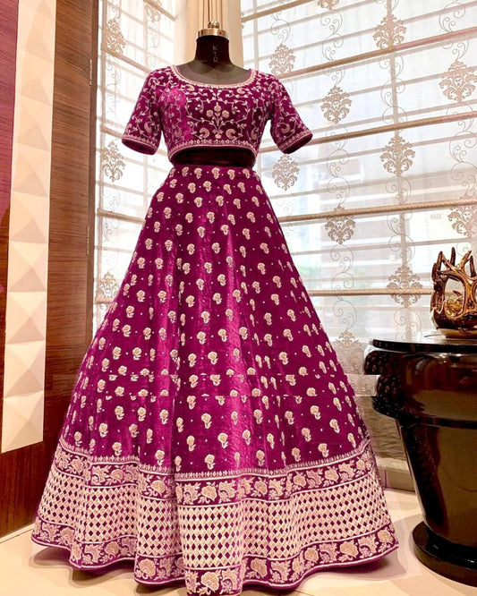 Embroidered Banglory Satin Wedding Wear Lehenga Choli In Magenta