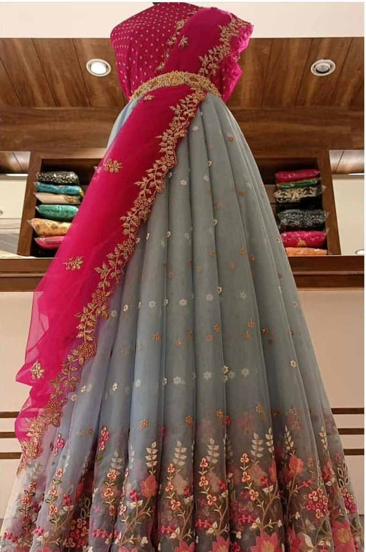 Embroidered Semi Stitched Lehenga Choli  (Grey)