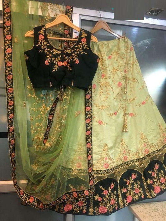 Heavy Bridal Multi Embroidery Work Pista Lehenga Choli With Black Velvet Blouse