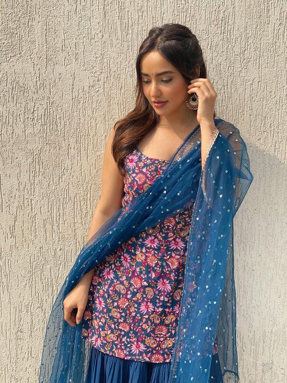 Heavy Georgette Blue Color Sharara Suit