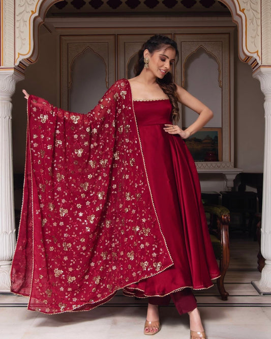 MAROON HEAVY FAUX GEORGETTE ANARKALI GOWN WITH EMBROIDERY SEQUENCE WORK DUPATTA