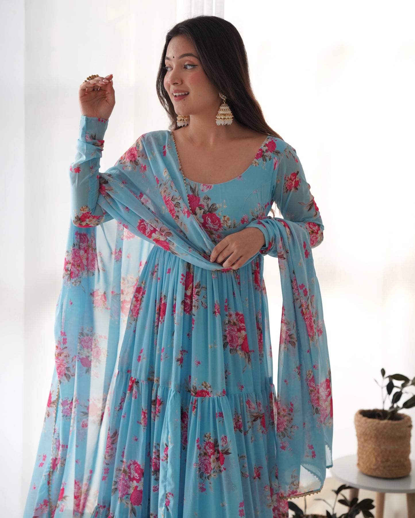 Georgette Floral Printed Anarkali With Dupatta Pant Set