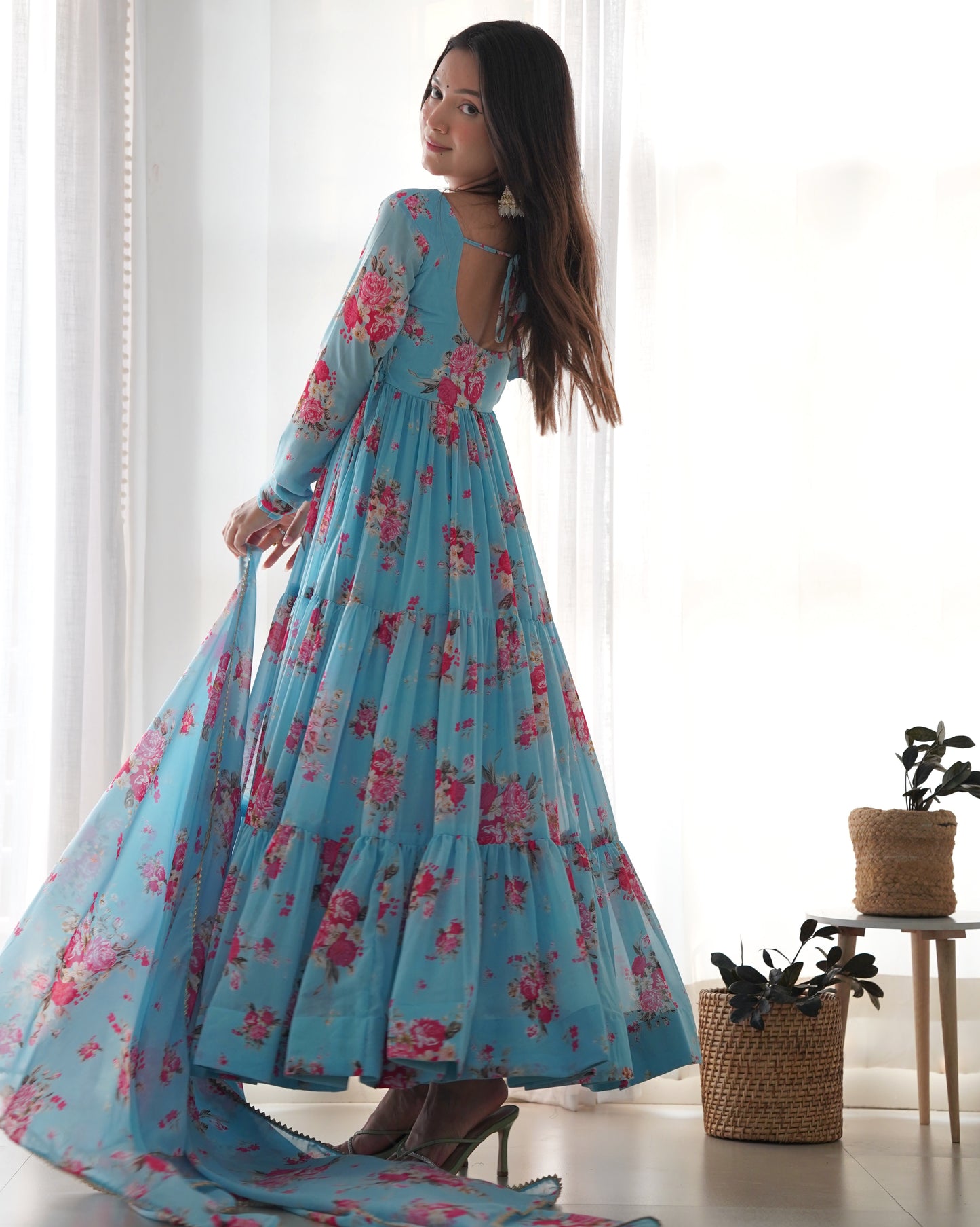 Georgette Floral Printed Anarkali With Dupatta Pant Set