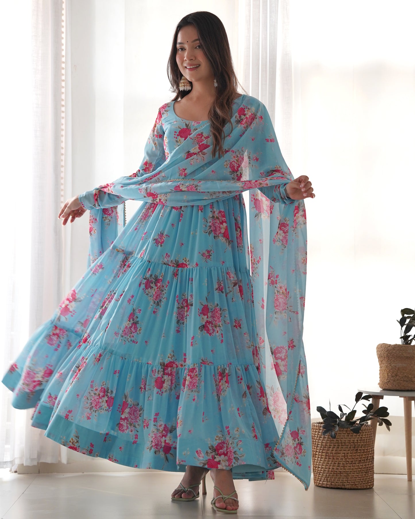 Georgette Floral Printed Anarkali With Dupatta Pant Set