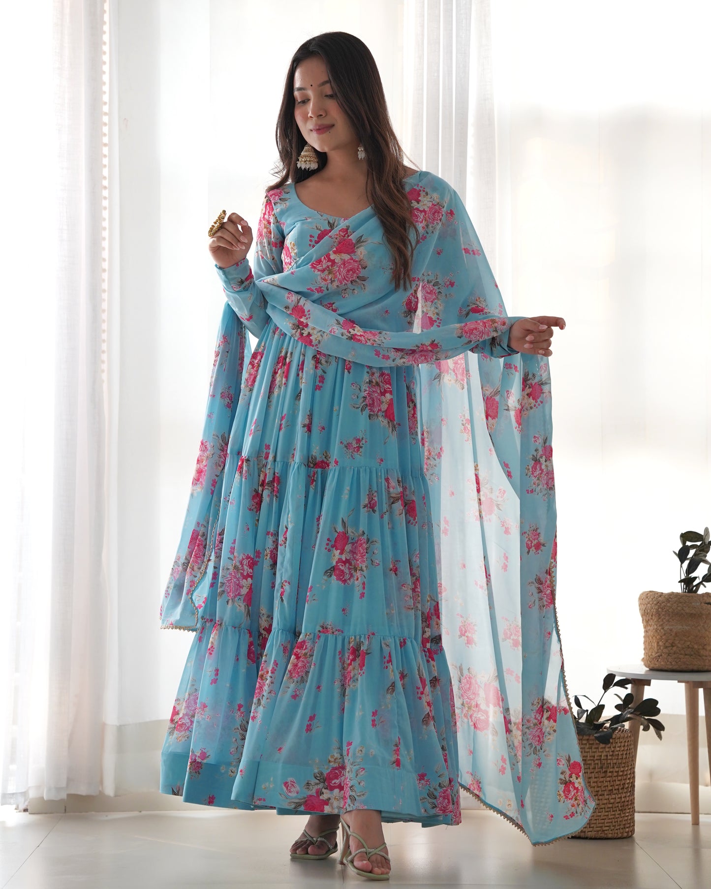 Georgette Floral Printed Anarkali With Dupatta Pant Set