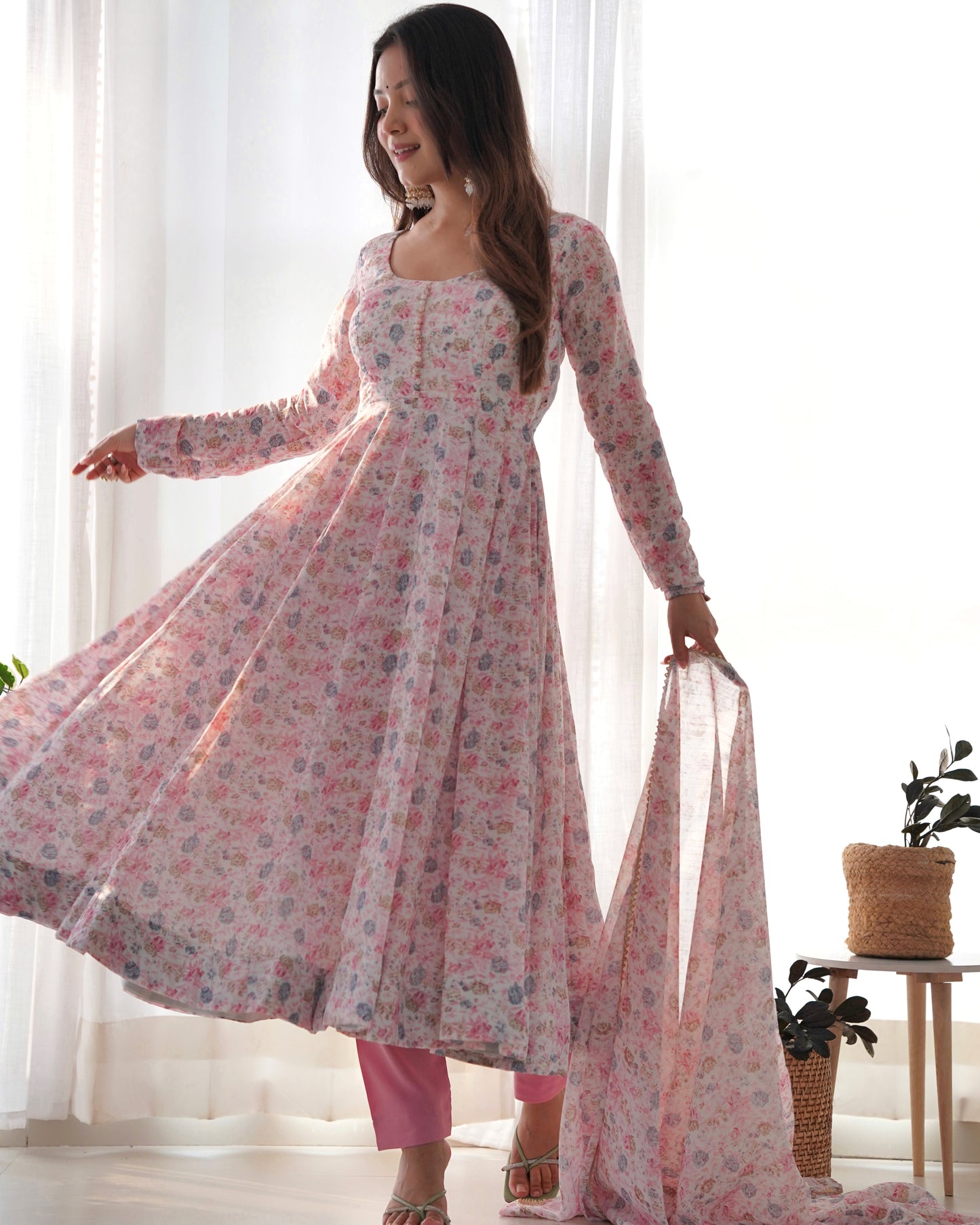 organza floral printed anarkali with dupatta and pants