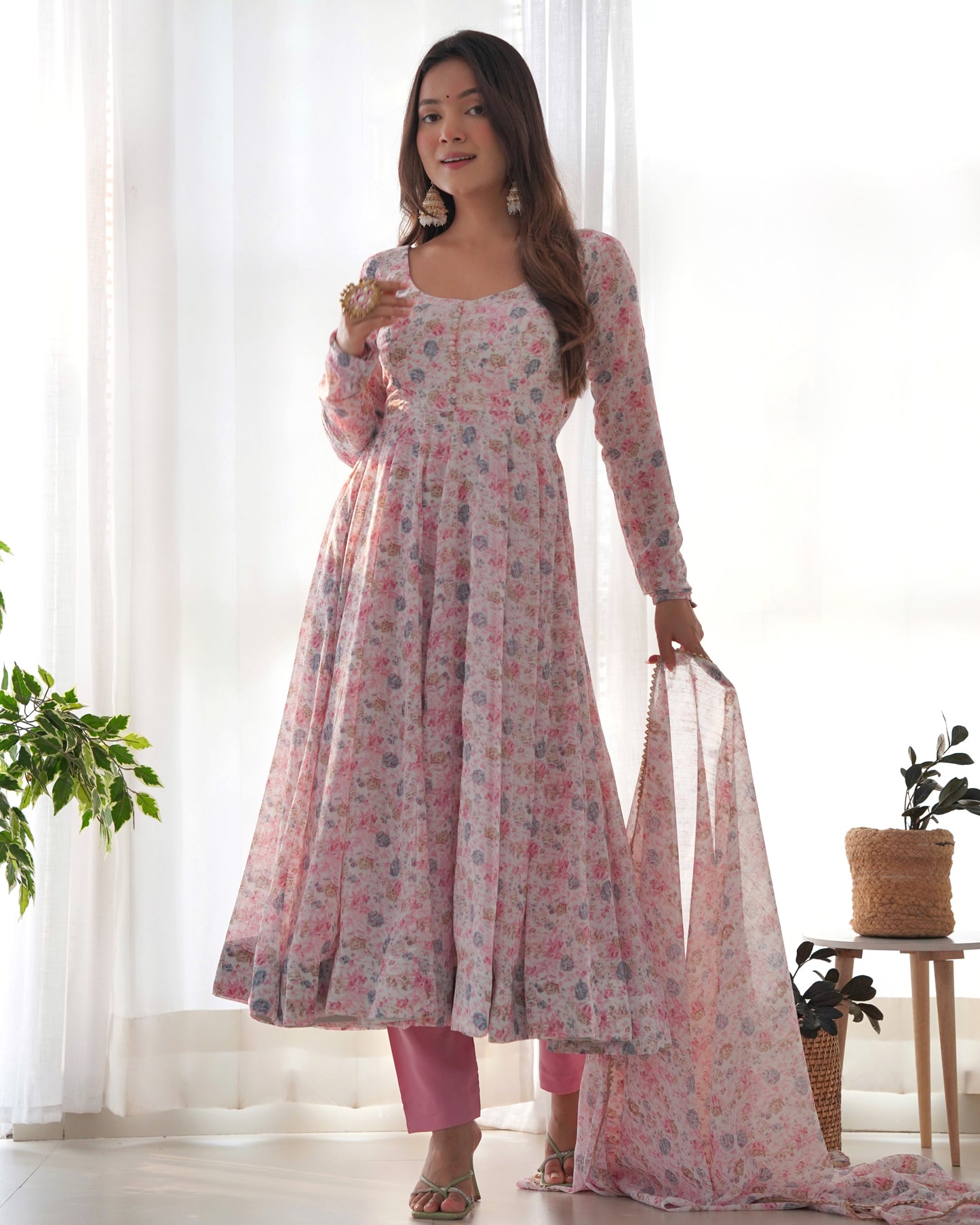 organza floral printed anarkali with dupatta and pants