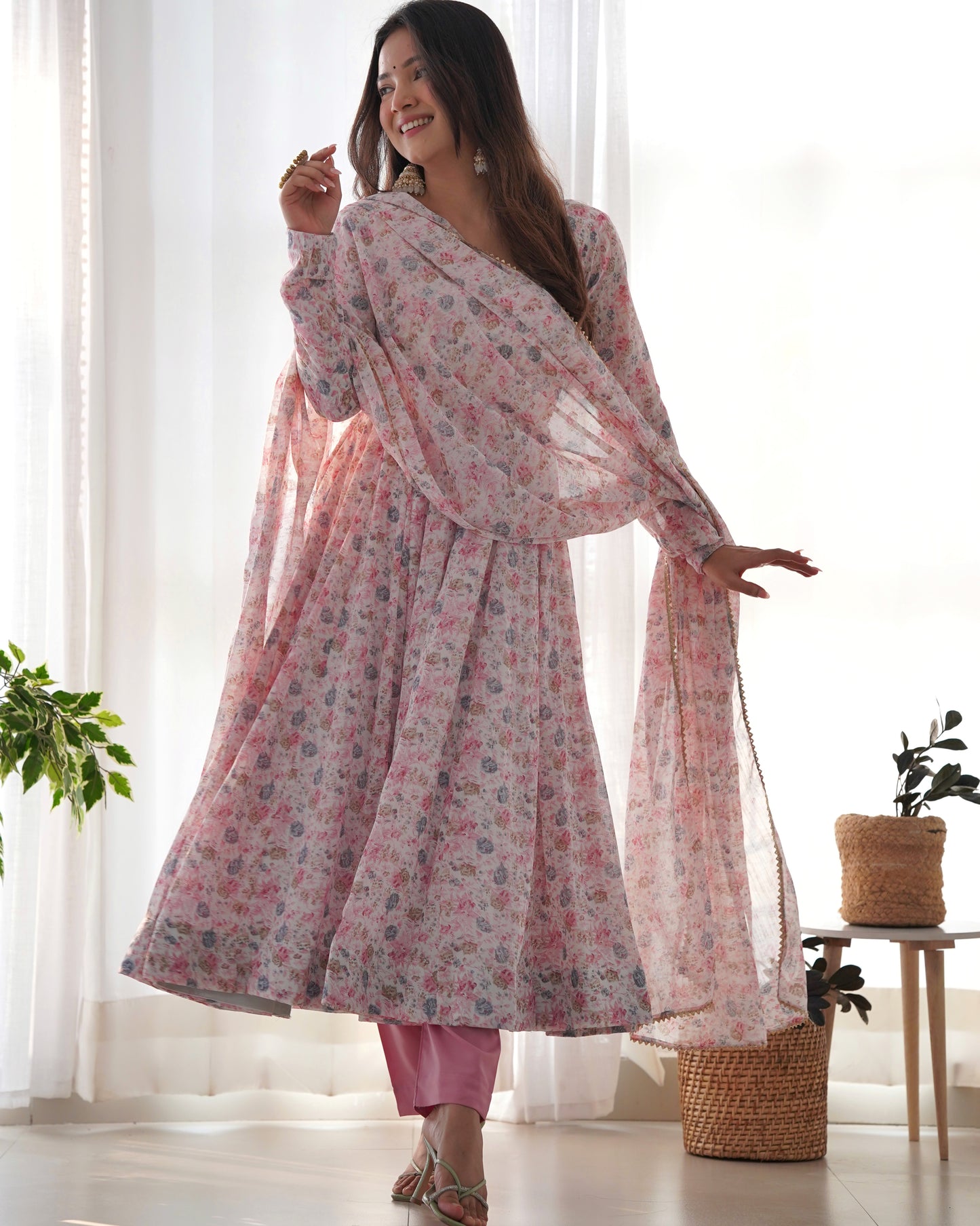 organza floral printed anarkali with dupatta and pants