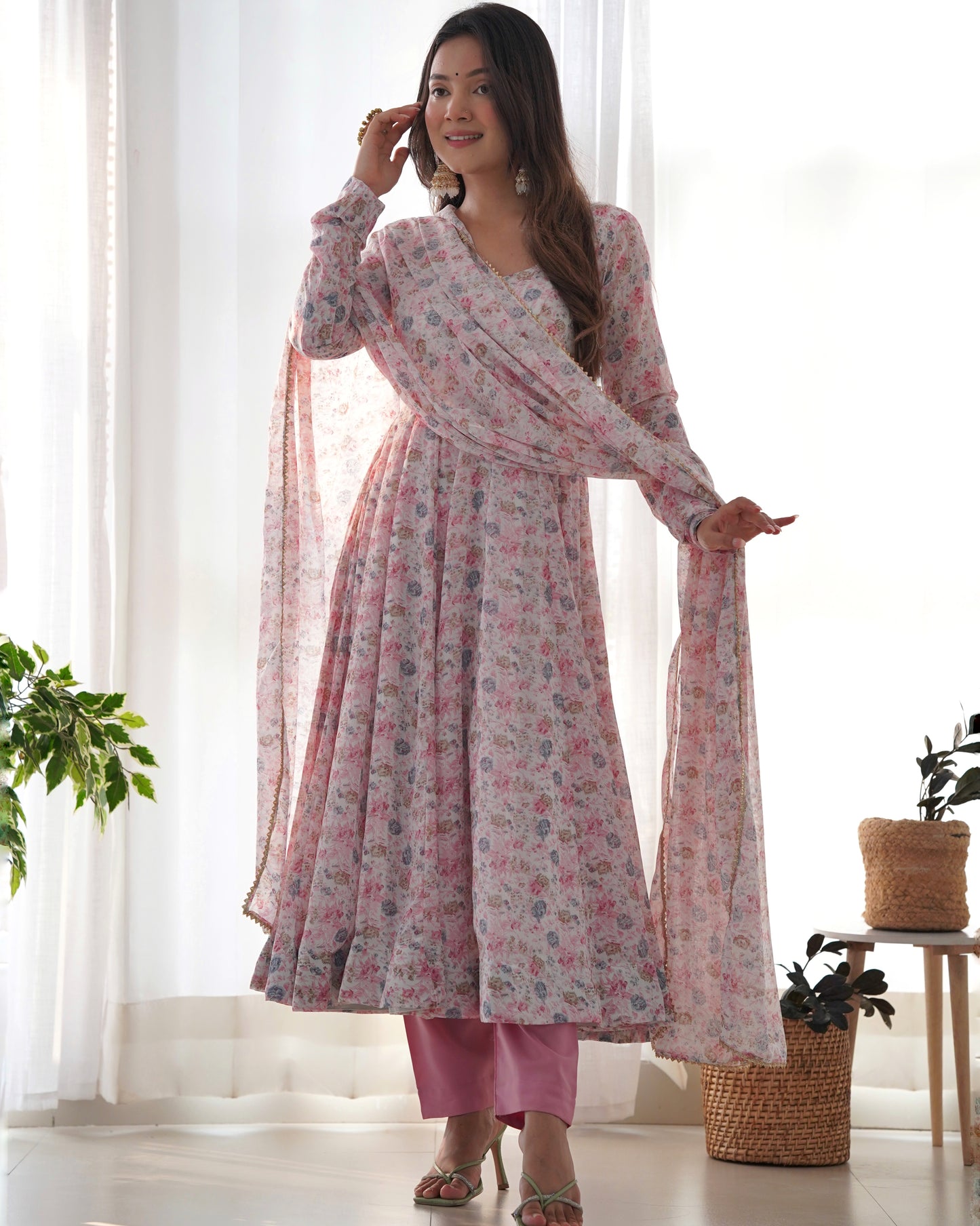 organza floral printed anarkali with dupatta and pants