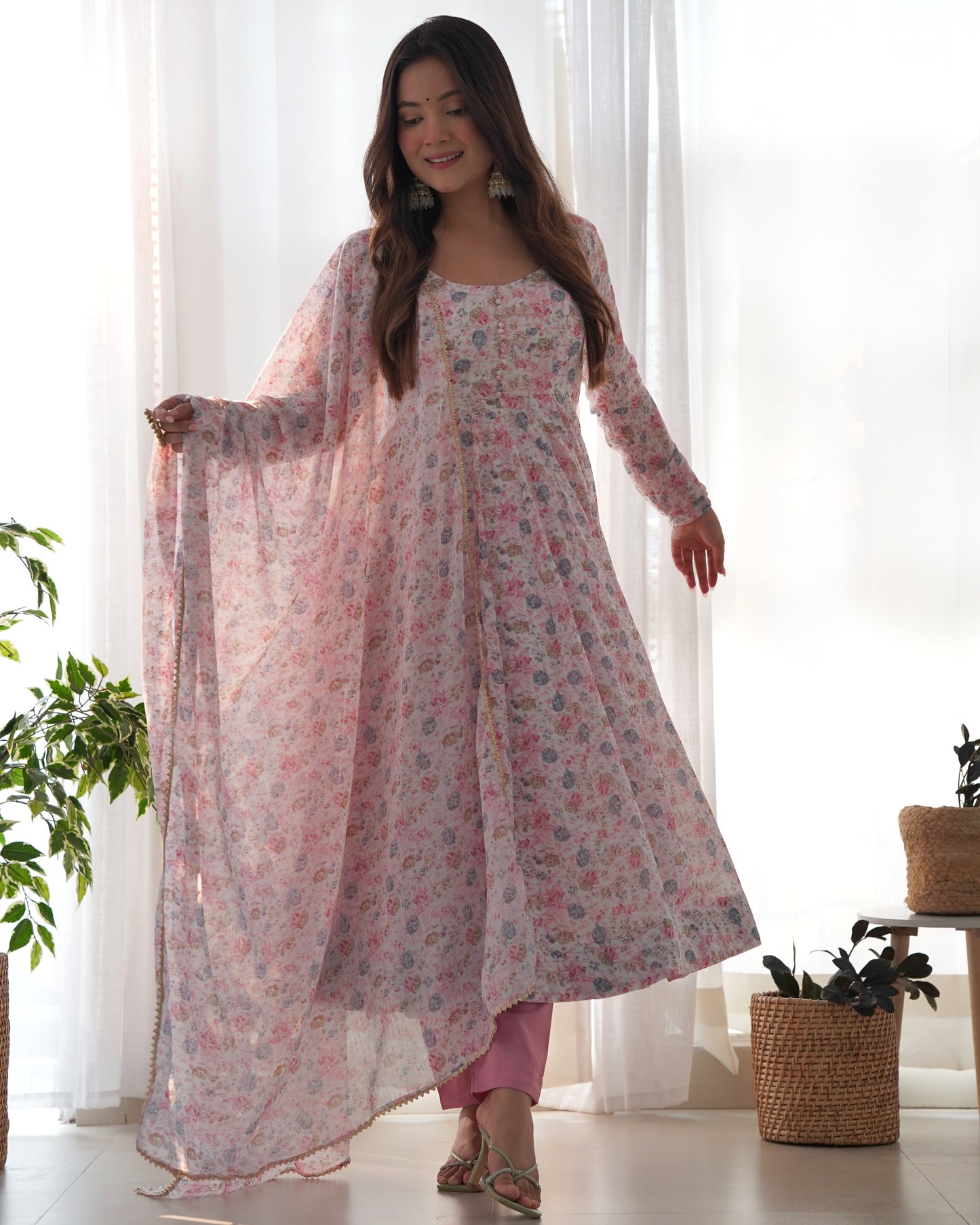 organza floral printed anarkali with dupatta and pants