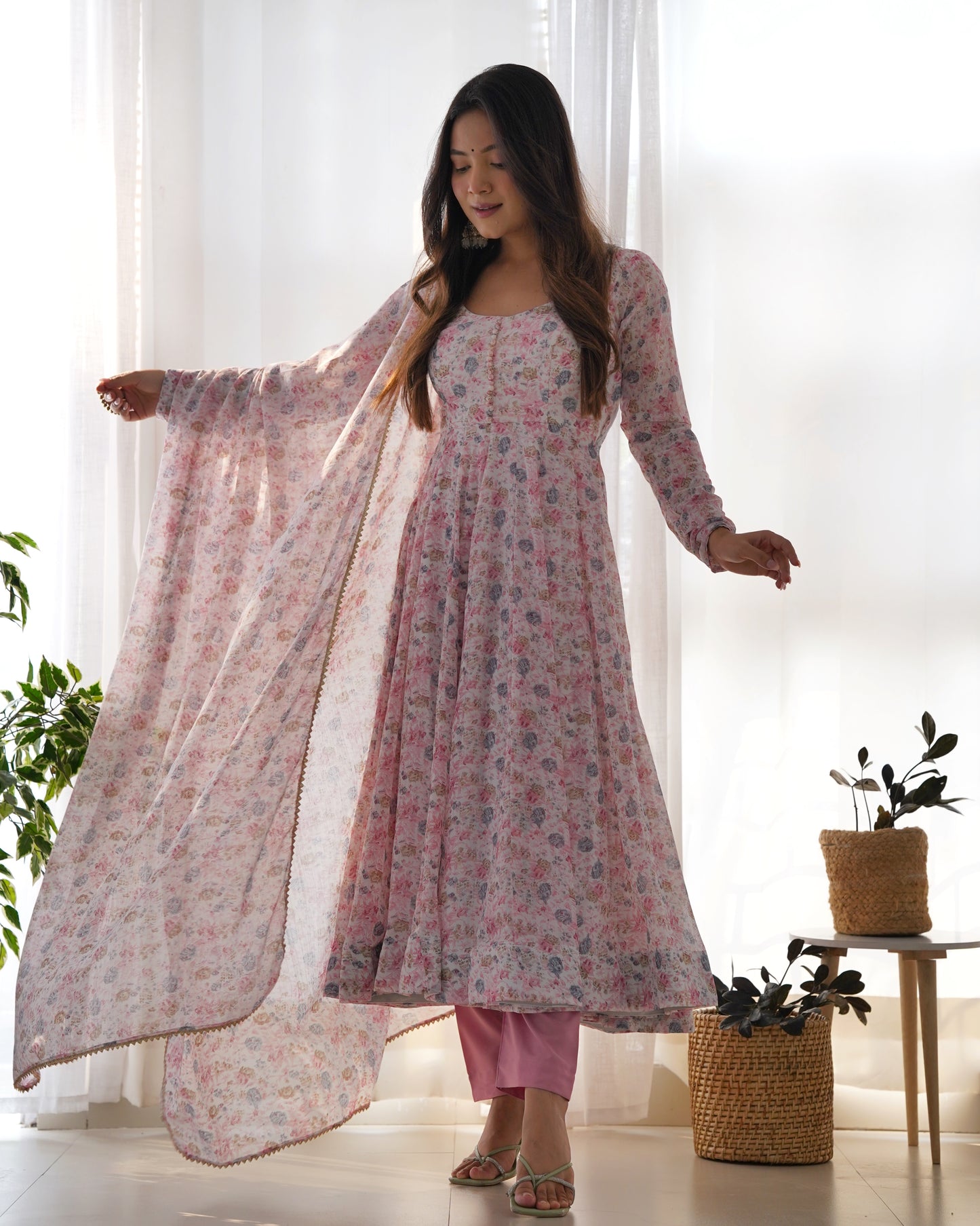 organza floral printed anarkali with dupatta and pants