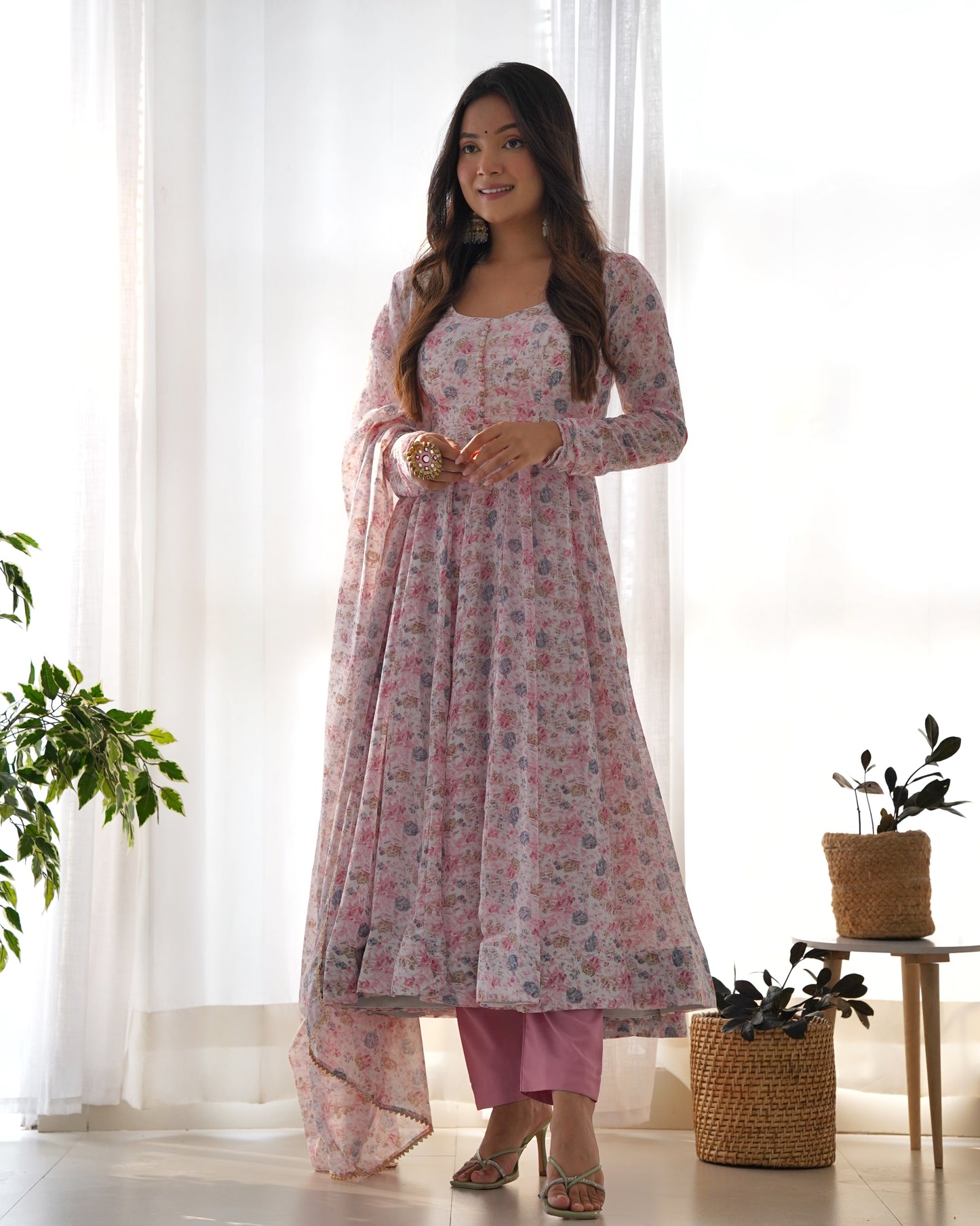 organza floral printed anarkali with dupatta and pants