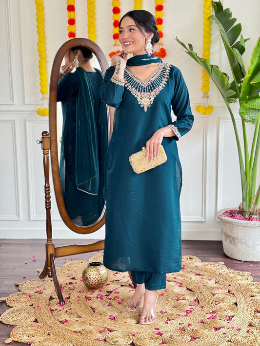 Buy Glorious Embroidery Teal Blue Color Salwar Suit