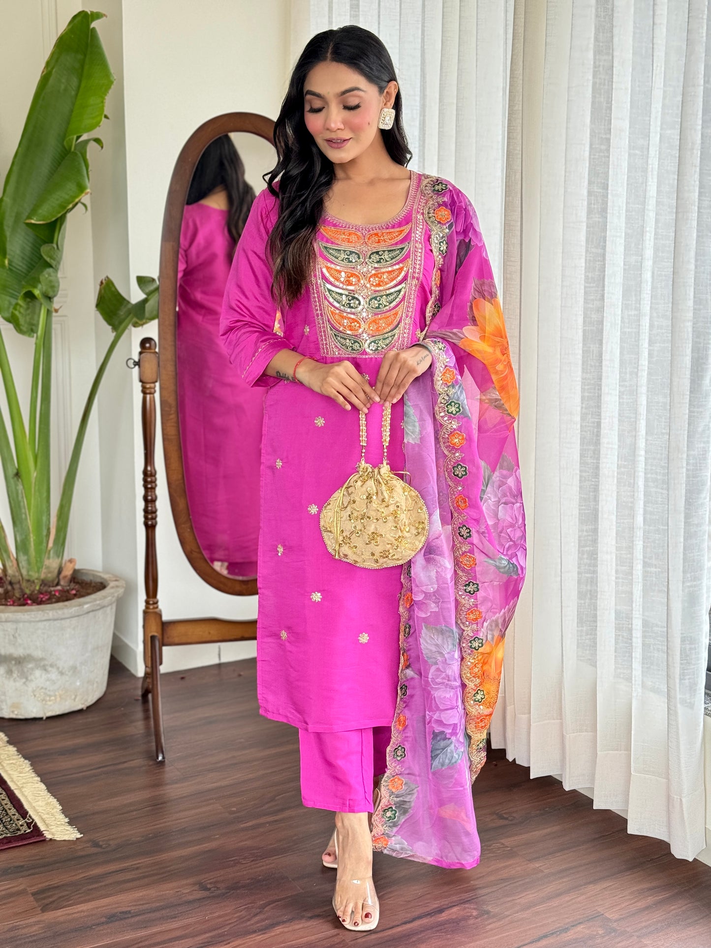 Pink Color Women Embroidery Straight Kurta Set