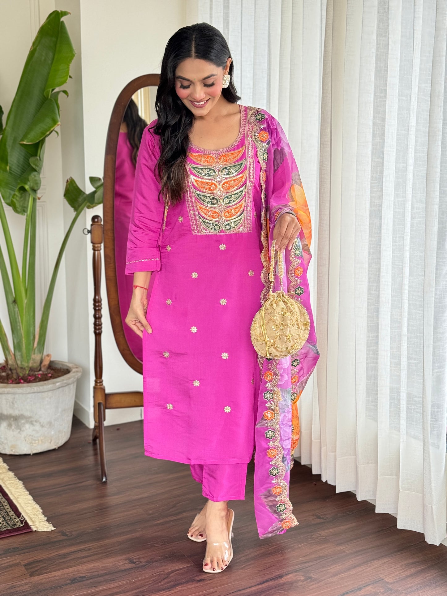 Pink Color Women Embroidery Straight Kurta Set