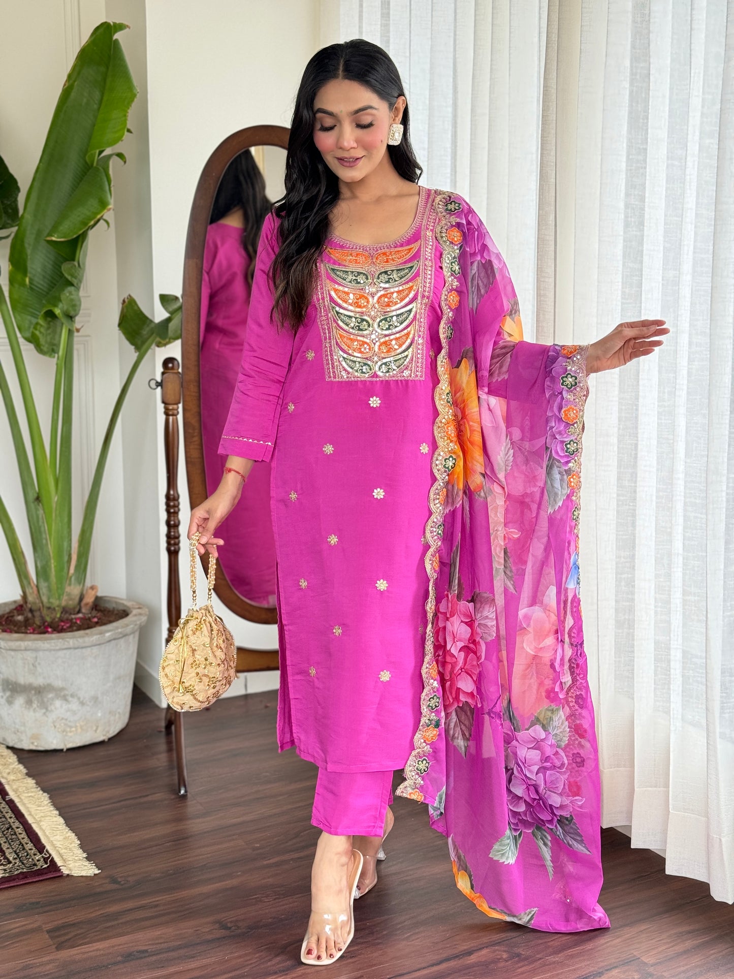 Pink Color Women Embroidery Straight Kurta Set