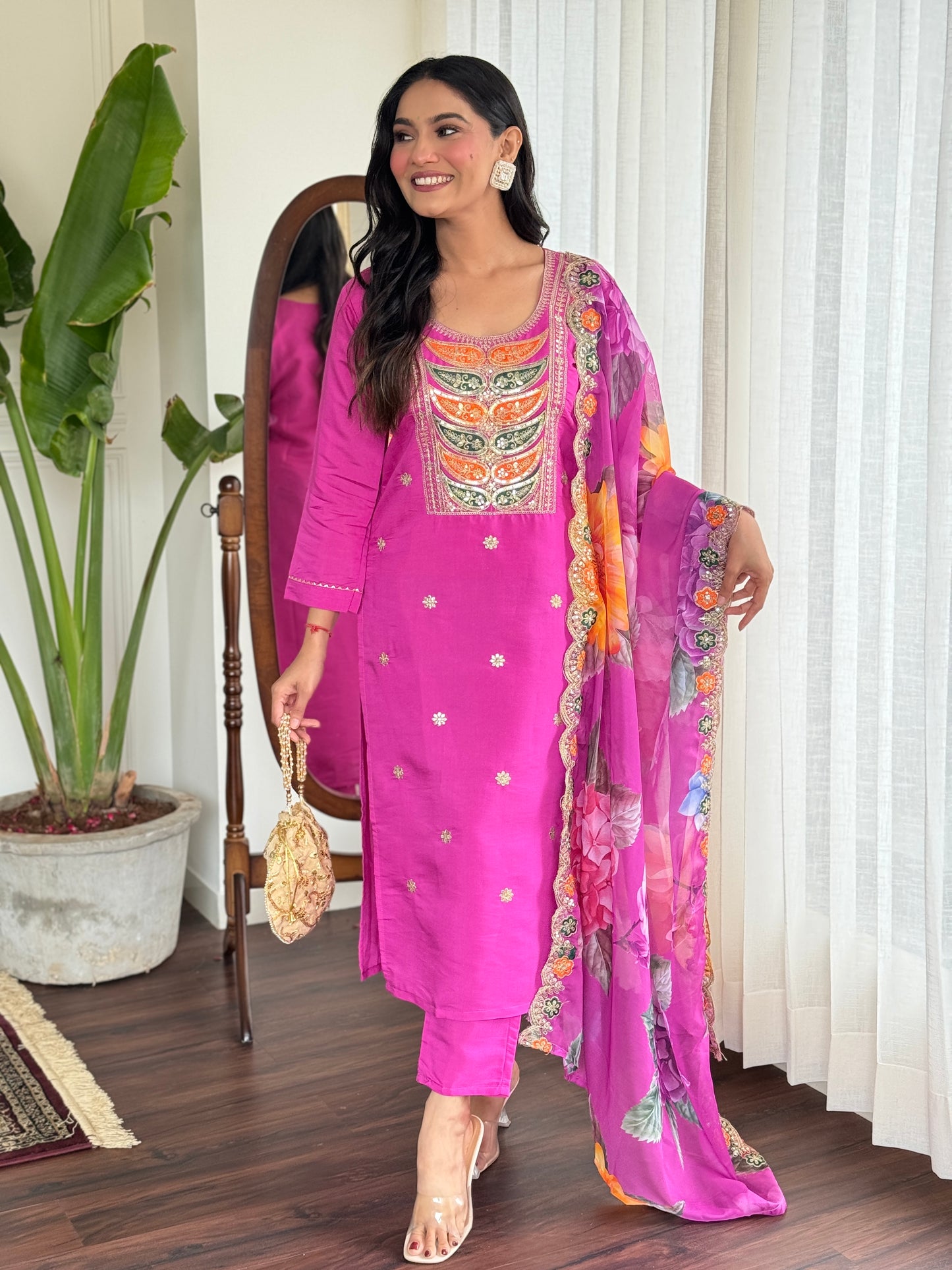 Pink Color Women Embroidery Straight Kurta Set