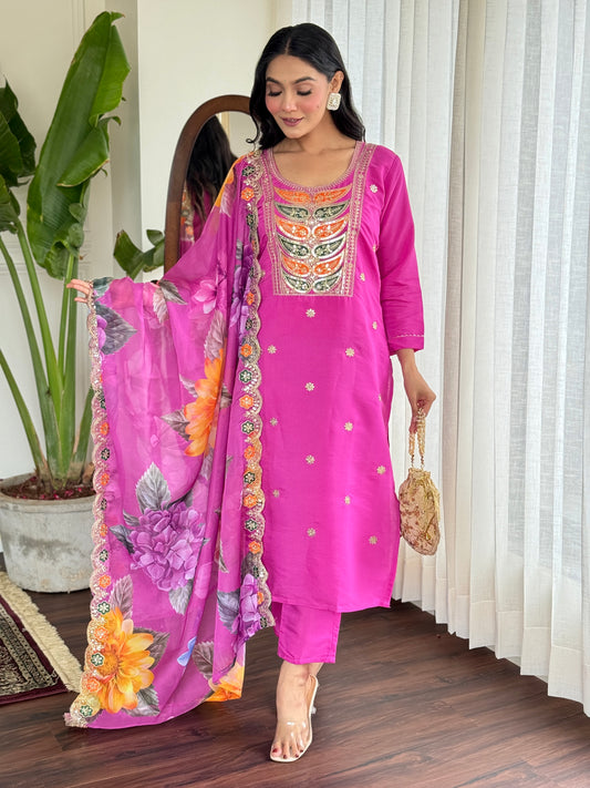 Pink Color Women Embroidery Straight Kurta Set