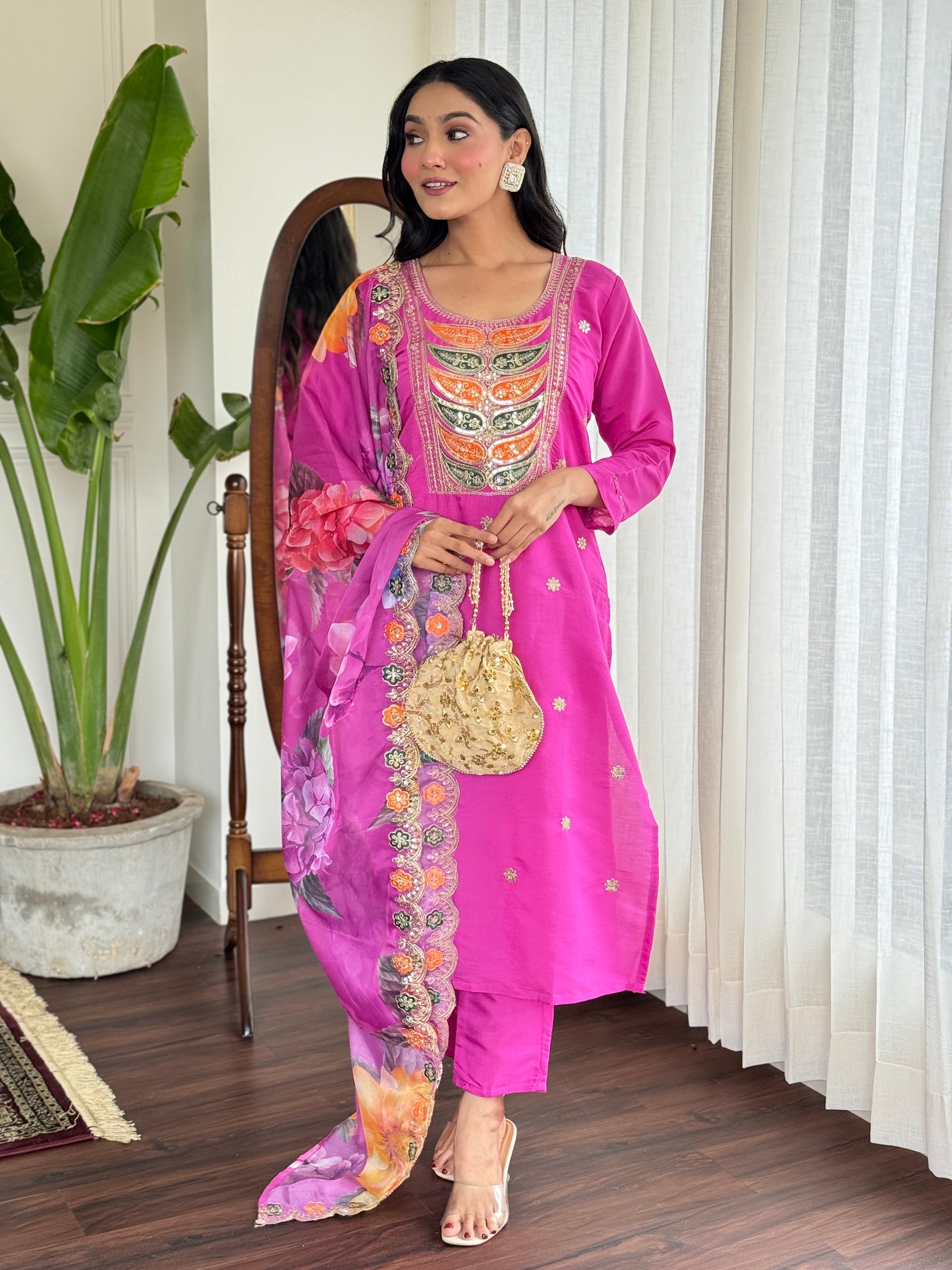 Pink Color Women Embroidery Straight Kurta Set