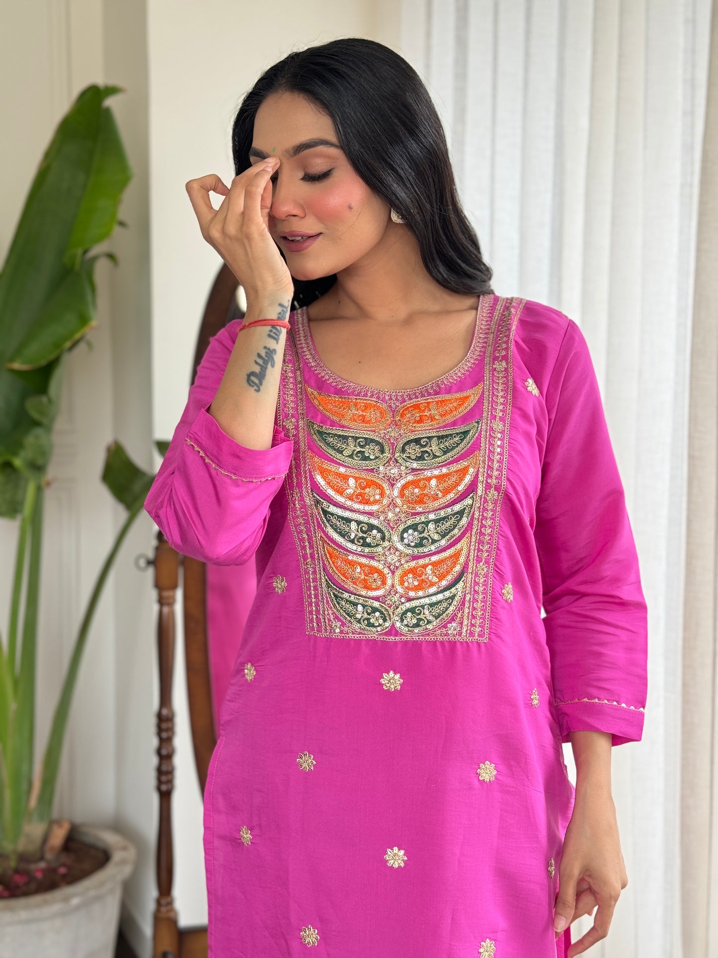 Pink Color Women Embroidery Straight Kurta Set