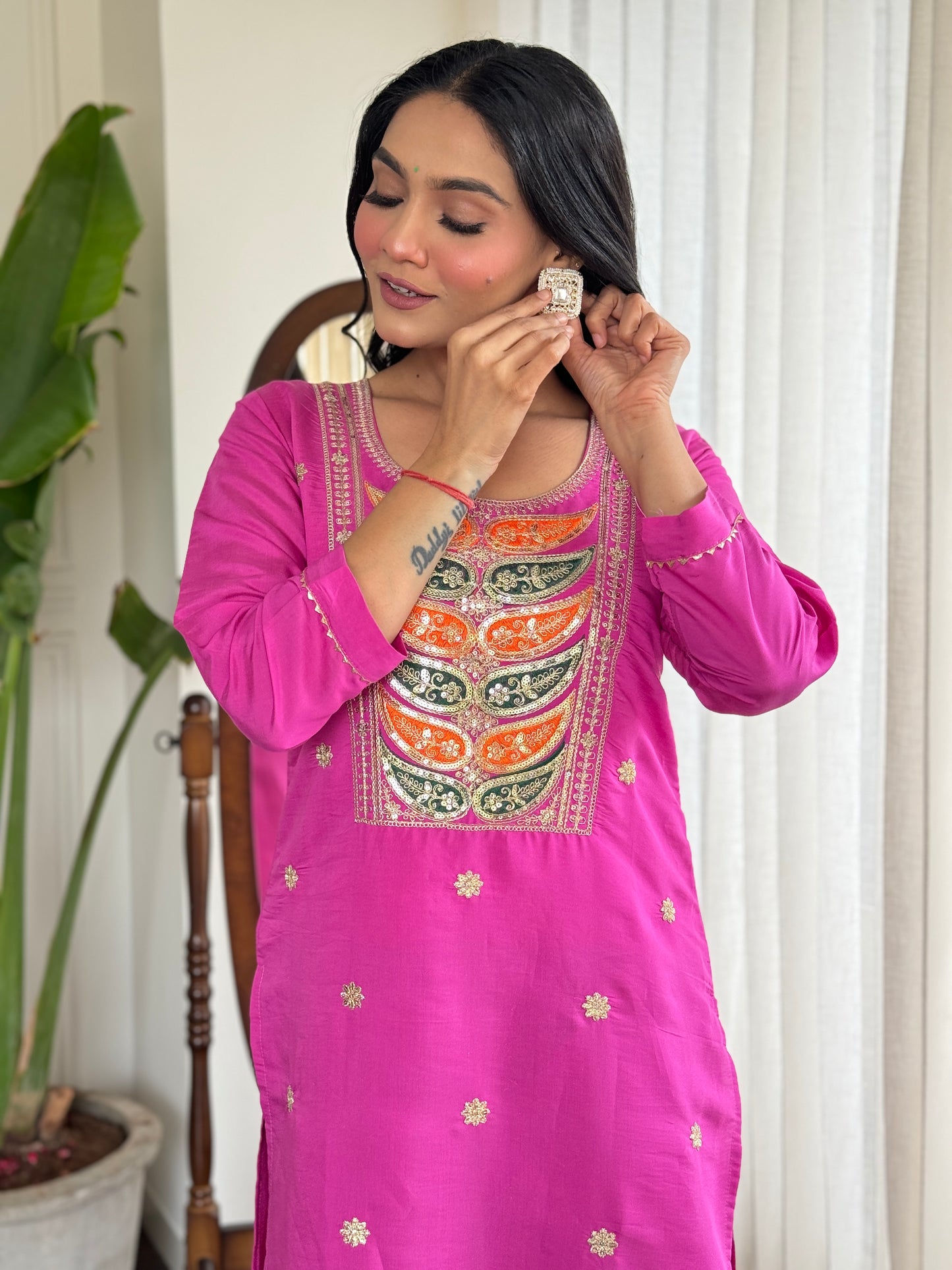 Pink Color Women Embroidery Straight Kurta Set