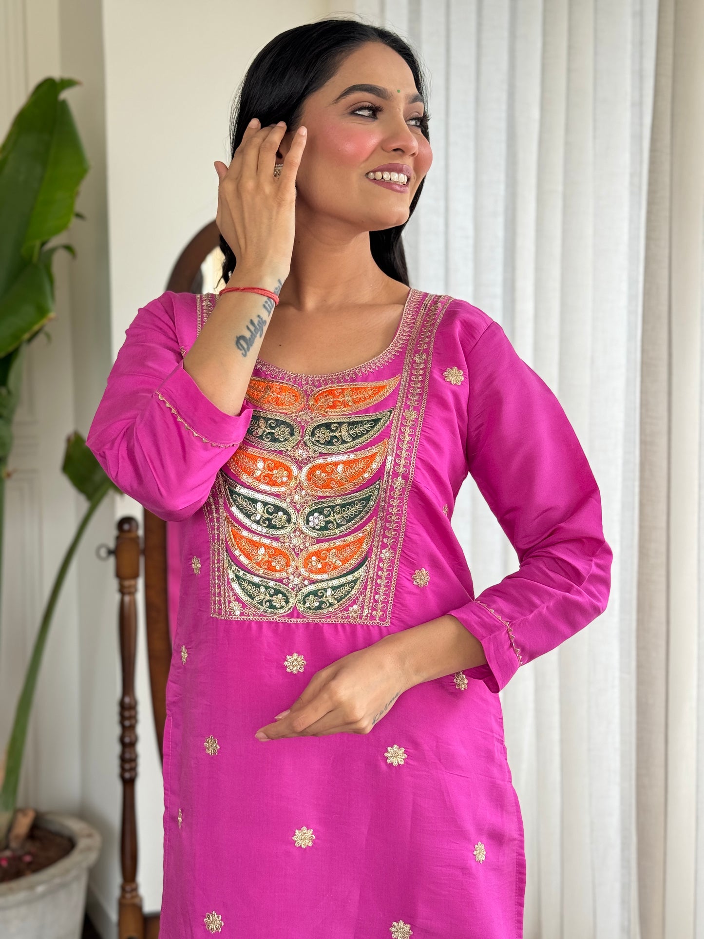 Pink Color Women Embroidery Straight Kurta Set