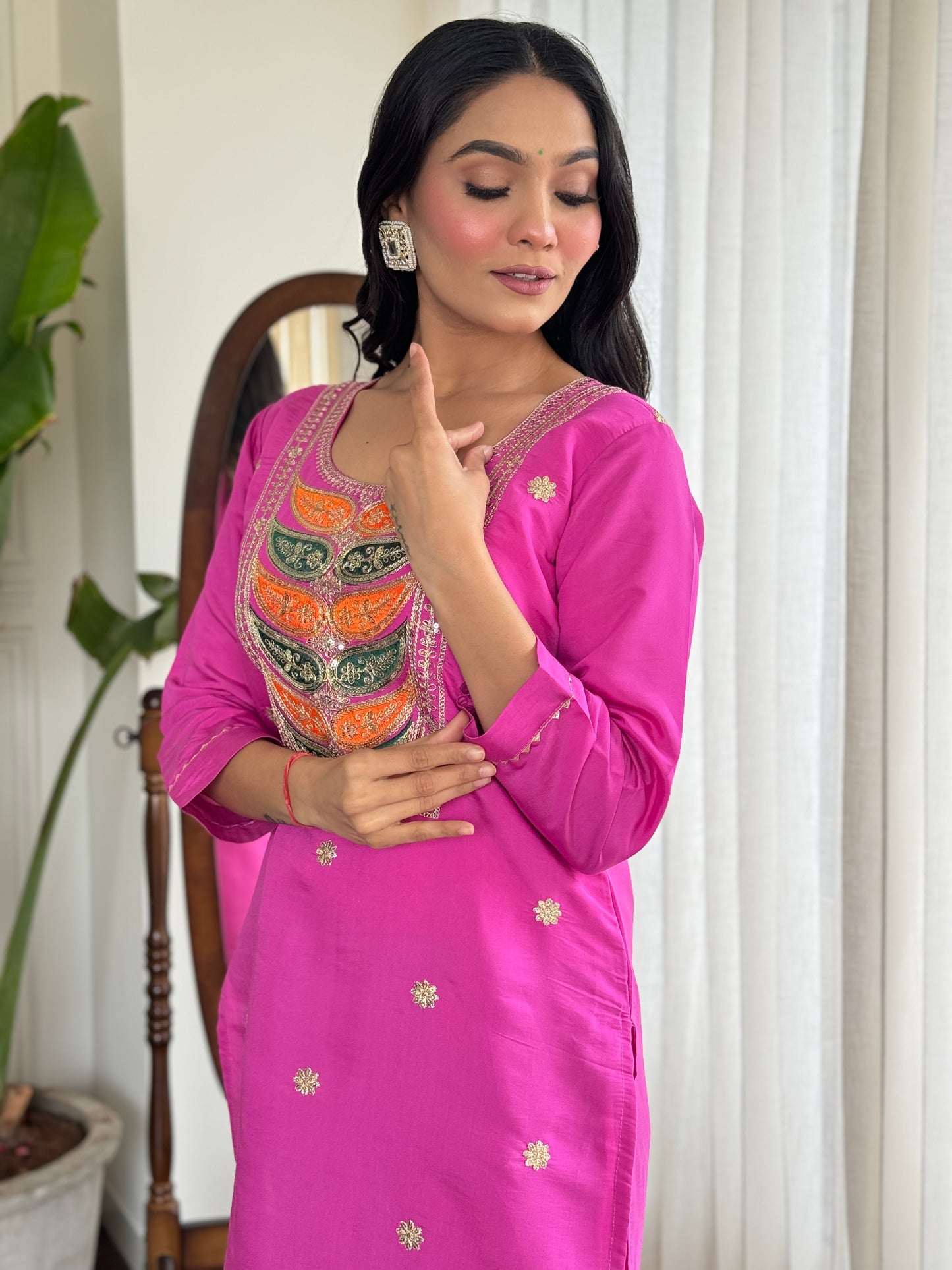 Pink Color Women Embroidery Straight Kurta Set