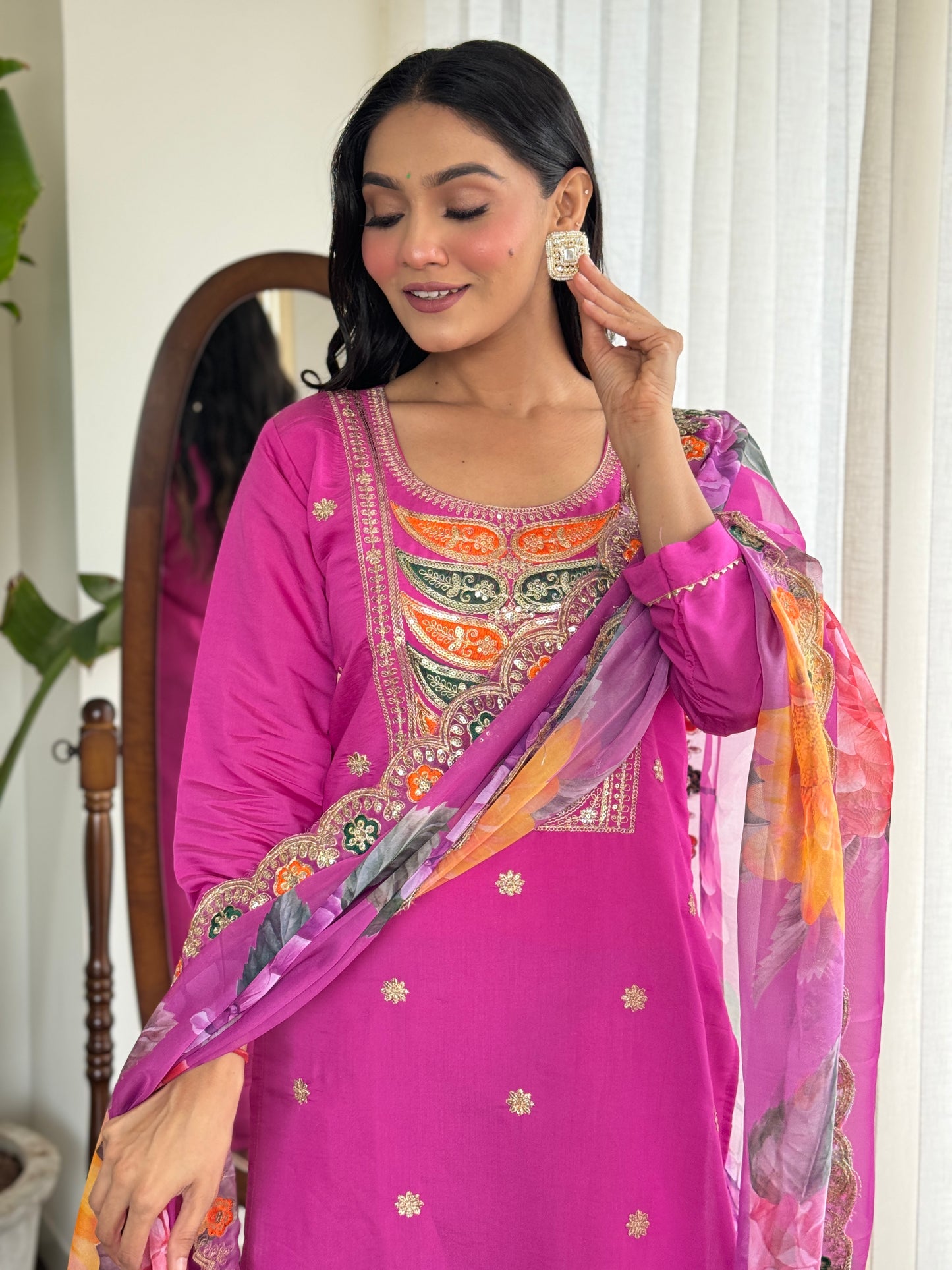 Pink Color Women Embroidery Straight Kurta Set