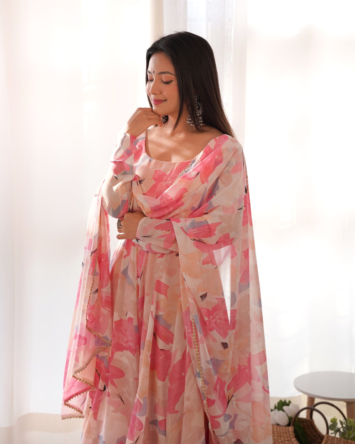 Pure Georgette Floral Printed Gown With Pant And Dupatta