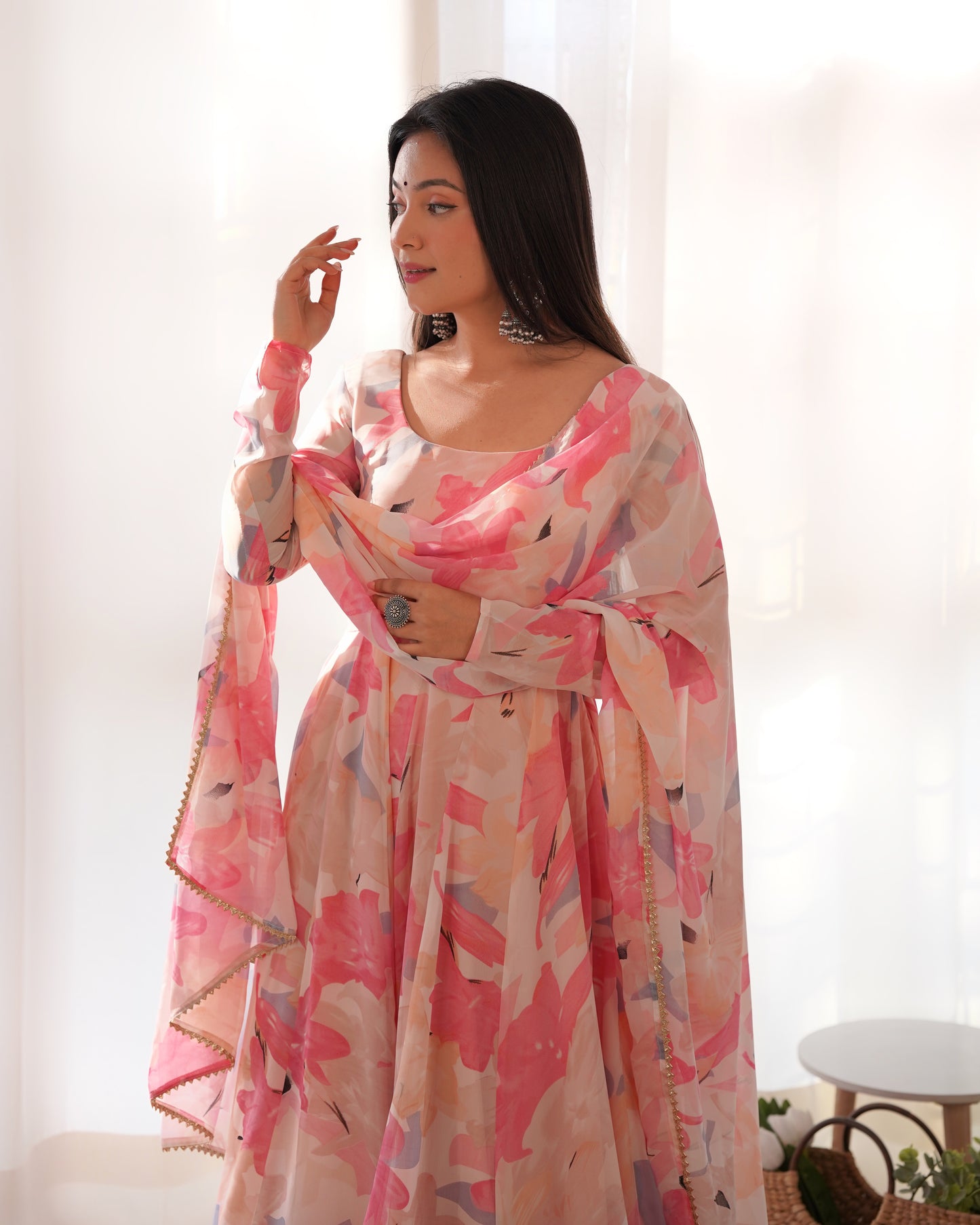 Pure Georgette Floral Printed Gown With Pant And Dupatta