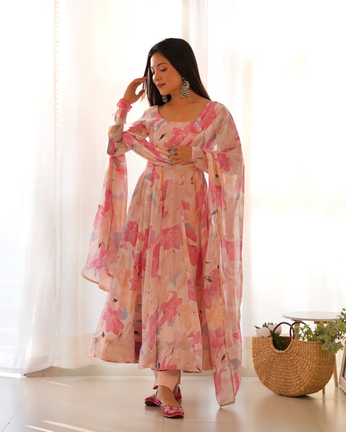 Pure Georgette Floral Printed Gown With Pant And Dupatta